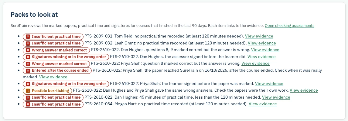 Quality Assurance Suite list of packs to look at, each with the reason in plain words, such as a wrong answer marked correct or signatures in the wrong order