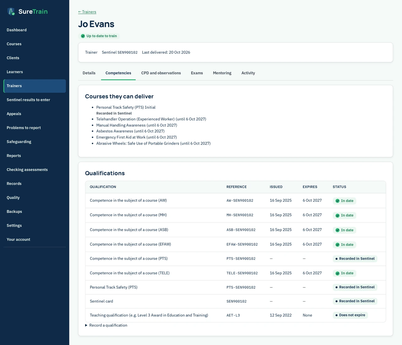 SureTrain trainer page for Jo Evans with demo data, beside the navy app menu (Dashboard, Courses, Clients, Learners, Trainers, Sentinel results to enter, Appeals, Problems to report, Safeguarding, Reports, Checking assessments, Records, Quality, Backups, Settings and Your account) with Trainers selected. Below a back link to Trainers and the heading “Jo Evans”, a green label says “Up to date to train”, and a details strip shows Trainer, Sentinel SEN900102 and “Last delivered: 20 Oct 2026”. Of the tabs Details, Competencies, CPD (continuing professional development) and observations, Exams, Mentoring and Activity, Competencies is open. Courses they can deliver: Personal Track Safety (PTS) Initial, marked “Recorded in Sentinel” instead of a date. The other five courses, each until 6 Oct 2027: Telehandler Operation (Experienced Worker); Manual Handling Awareness; Asbestos Awareness; Emergency First Aid at Work; Abrasive Wheels: Safe Use of Portable Grinders. The Qualifications table, with Qualification, Reference, Issued, Expires and Status columns, lists nine rows. Competence in the subject of a course (AW, Abrasive Wheels), (MH, Manual Handling Awareness), (ASB, Asbestos Awareness) and (EFAW, Emergency First Aid at Work), with references AW-SEN900102, MH-SEN900102, ASB-SEN900102 and EFAW-SEN900102, each issued 16 Sep 2025, expires 6 Oct 2027, In date. Competence in the subject of a course (PTS), PTS-SEN900102, with dashes for the dates, Recorded in Sentinel. Competence in the subject of a course (TELE, Telehandler Operation), TELE-SEN900102, issued 16 Sep 2025, expires 6 Oct 2027, In date. Personal Track Safety (PTS), PTS-SEN900102, and Sentinel card, SEN900102, both with dashes for the dates, Recorded in Sentinel. Teaching qualification (e.g. Level 3 Award in Education and Training), AET-L3 (AET, Award in Education and Training), issued 12 Sep 2022, expires None, Does not expire. Under the table is “Record a qualification”.